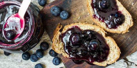 Blueberry-Chia Seed Jam blueberry jam on fresh bread
