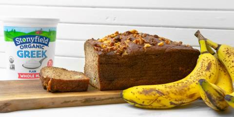 Greek Yogurt Banana Bread bananas, bread, and a tub of greek yogurt