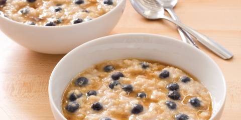 Overnight Three-Grain Breakfast Porridge Delicious healthy bowls of ancient grain oatmeal with blueberries