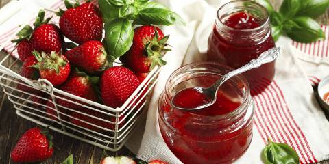 Strawberry Jam with Thai Herbs Fresh strawberries and basil leaves