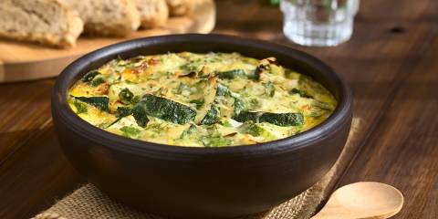 Zucchini, Roasted Red Bell Pepper, and Goat Cheese Frittata a frittata with shredded zucchini
