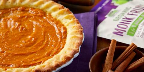 Keto Pumpkin Pie a freshly baked pumpkin pie with cinnamon and monk fruit