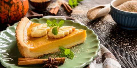 a slice of silky pumpkin pie made with tofu