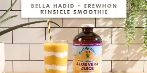 a smoothie and a bottle of aloe vera juice