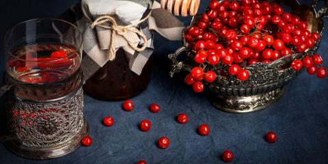 Berry Tonic Oxymel Glass in a silver coaster, a vase with medical berries and bank of honey on a dark background