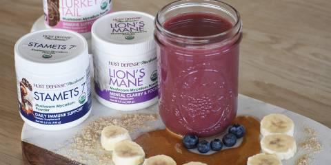 Paul Stamets' Signature Smoothie in a glass mason jar next to ingredients and Host Defense mushroom powders.