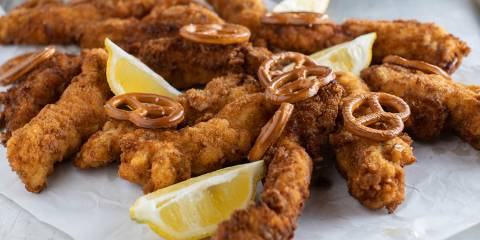 Gluten-Free Honey-Mustard Pretzel Chicken a plate of baked chicken breaded with pretzels