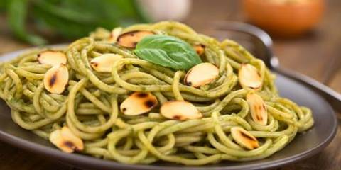 Almond Pesto Pasta Dish of whole grain pasta, pesto and slivered almonds.