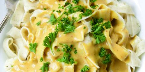 Artichoke Ribbon Curry A plate of artichoke ribbon pasta with curry sauce