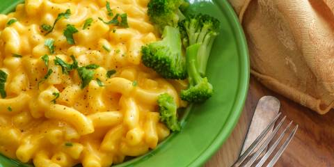 Broccoli Mac & Cheese a plate of cheesy macaroni with broccoli