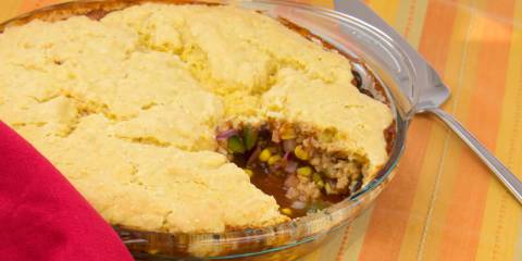 Chili Bean Cornbread Pie a pie dish of beans topped with a cornbread crust