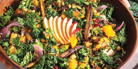 a hearty bowl of salad with seasonal squash and root vegetables
