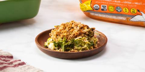 Kale and Brussel Sprout Gratin a plate of vegan gratin piled high