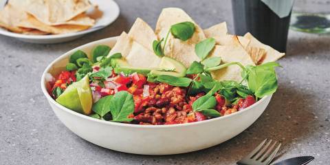 Prepared Mexi Chili Bowl in a white bowl on a gray table