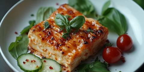 glazed and baked tofu on a plate
