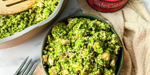 One Pan Teriyaki Salmon Broccoli Rice a bowl of broccoli and salmon