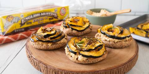 english muffins topped with squash and vegan cheese