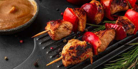 Rosemary-Feta Chicken Skewers chicken and red pepper kebabs with rosemary