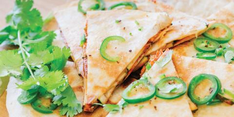Zucchini quesadillas garnished with sliced peppers