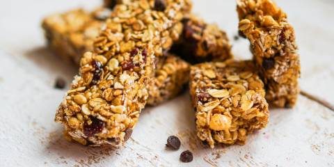 Granola bars with oats, seeds, and chocolate chips