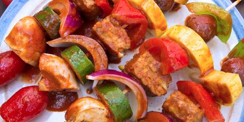 Barbecued Shish Kebobs A plate of skewered vegetables and tempeh