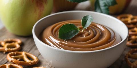 a bowl of thick miso dip with pretzels and apples for dipping