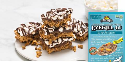 No-Bake Almond Butter S'mores Cereal Bars a plate of no-bake s'mores and a box of cereal