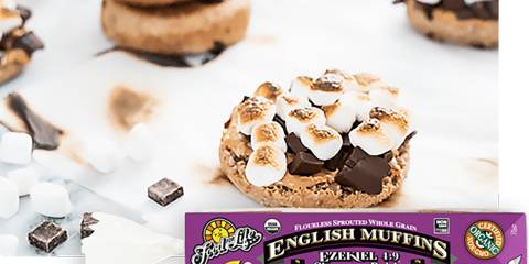 an english muffin with peanut butter, chocolate, and marshmellows