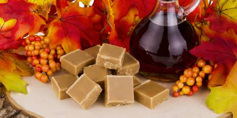 a pile of white chocolate fudge made with maple syrup