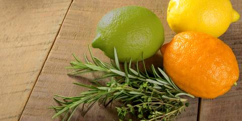 Citrus-Rosemary Marinade a lemon, a lime, an orange, and a sprig of rosemary