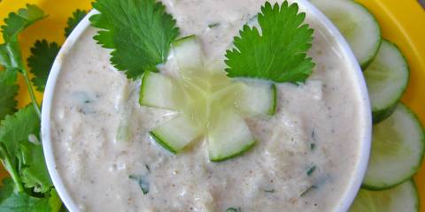 Cucumber and Mint Raita a bowl of Indian spiced yogurt with cucumber