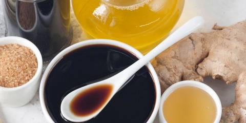 soy sauce, oil, ginger, honey, and sesame seeds