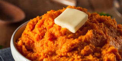 A bowl of mashed sweet potatoes