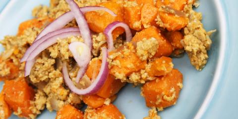 Sweet Potato Scramble A plate of sweet potato scramble with red onion on top