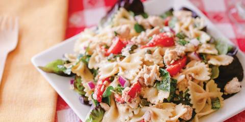 Tuna-Pasta Salad a plate of pasta with tuna and vegetables