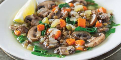 Lemony Lentil Soup with Mushrooms & Kale