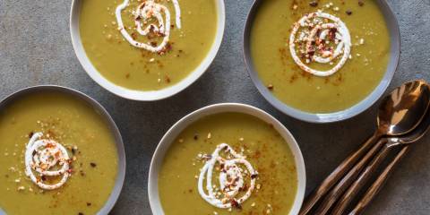 Split Pea Soup Four bowls of garnished Split Pea Soup.