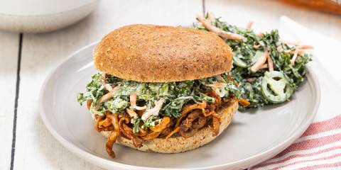 BBQ Pulled Mushroom Sandwiches a mushroom sandwich with barbecue sauce