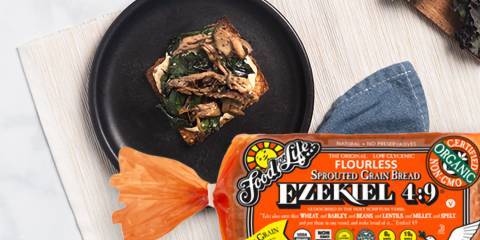 Kale, Mushroom, and Cashew Cheese Toast toast with kale, cheese, and mushrooms