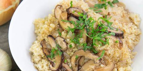 Quinoa with Shiitake Gravy a bowl of mushrooms over quinoa