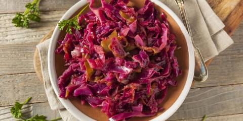 Braised Cabbage and Apples a bowl of red cabbage braised with apples