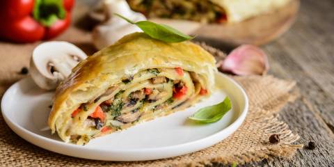 a strudel stuffed with vegetables and mushrooms