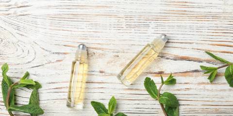 Minty Lip Smoother in roller bottles with fresh mint leaves.