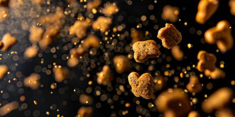 dog food and brewer's yeast falling through the air