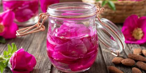 Rosy Face Moisturizer Rose petals macerating in almond oil, to prepare a homemade skin moisturizer.