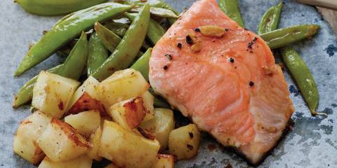 One-Sheet Asian Salmon, Snap Peas, and Potatoes  Salmon plated with snap peas and potatoes