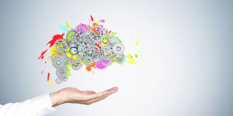 A man's hand in a white shirt holding a colored brain shape and gears on top. Concept of brain support.