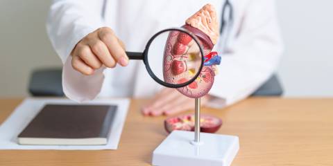 a doctor showing a model of a kidney under a magnifying glass