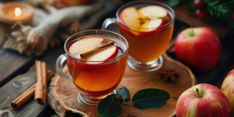 two mugs of hot apple cider with fresh apples and cinnamon