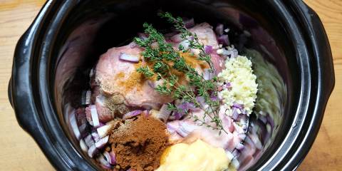 Using Your Slow Cooker for Healthy Recipes Ingredients for pulled pork slow cooker or crockpot meal ready for cooking.